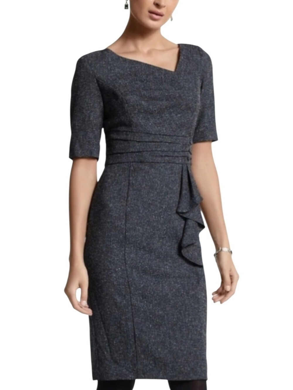 WHBM Gray Tweed Asymetrical Short Sleeve Sheath Dress Size 2